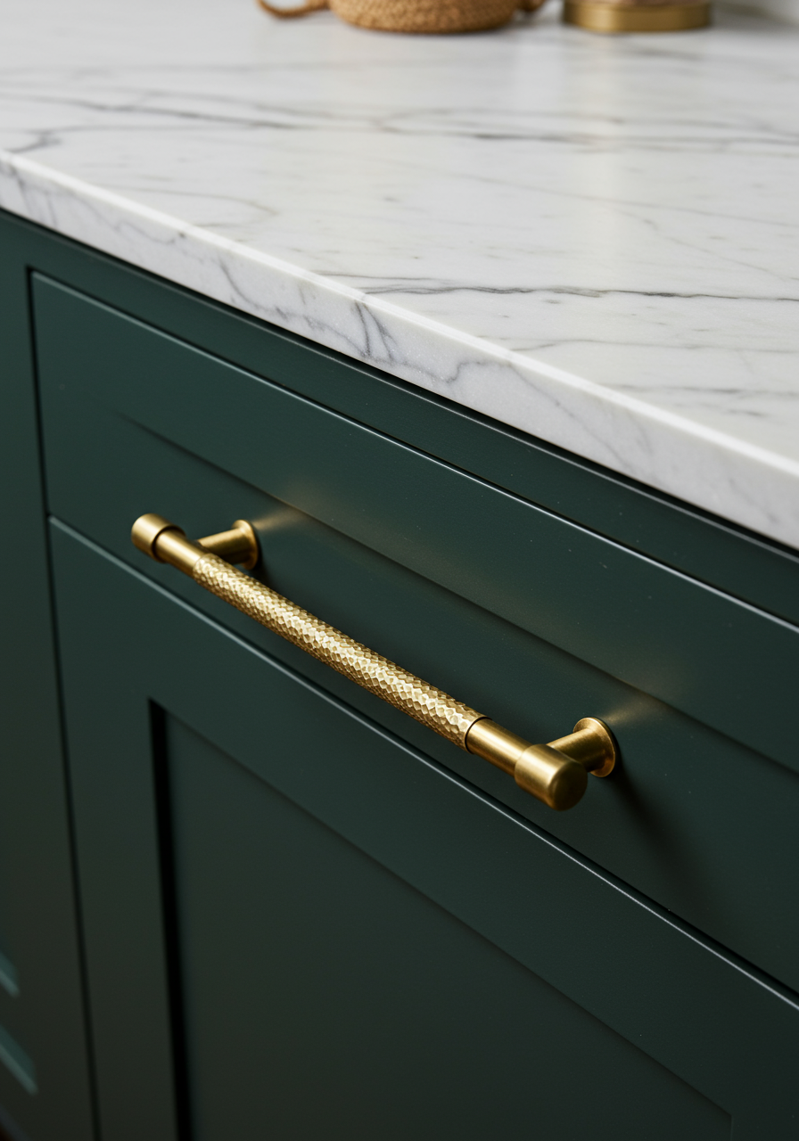 Gold cabinet pulls with texture.