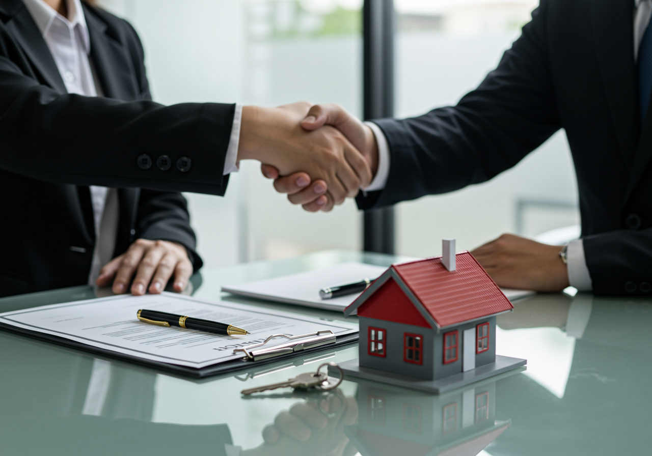 Handshake between two individuals with a model house on a contract with keys and a pen nearby.