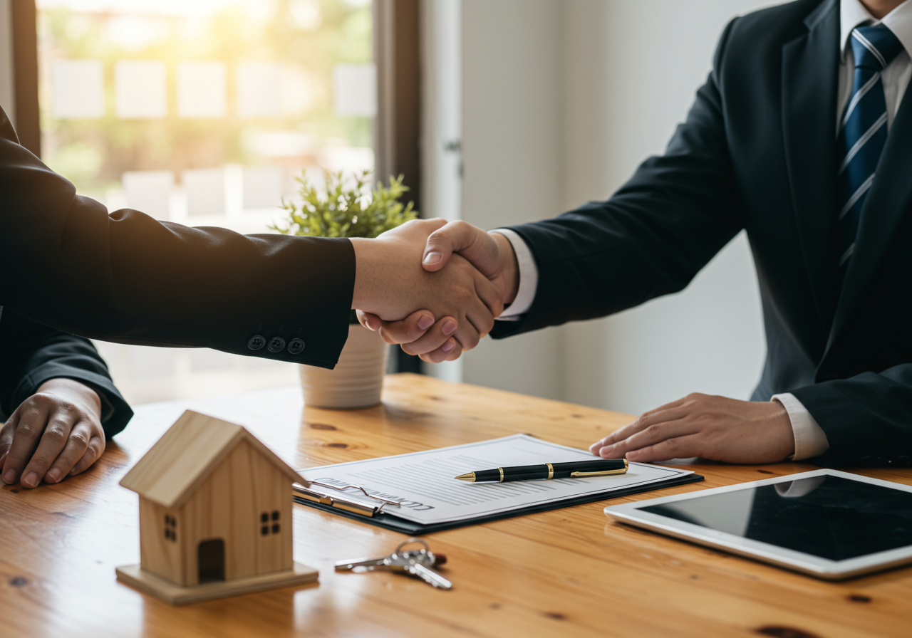 Home agent shake hand with customer after sign contract and finishes deal purchase house success