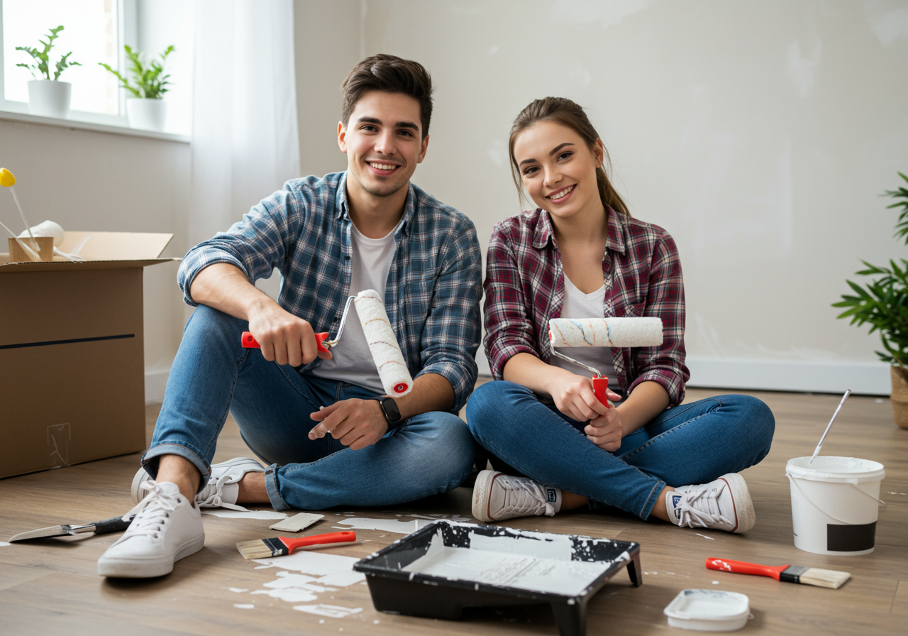 Young diverse couple sitting on the floor with paint rollers and trays, preparing to paint a room, symbolizing DIY home improvements and first-time homeowner projects.