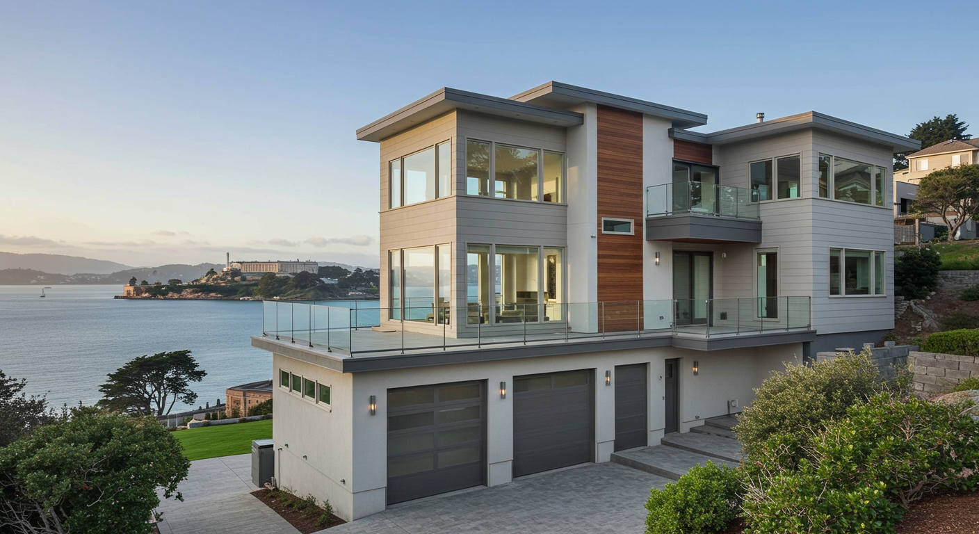 Modern waterfront home with glass balconies, a three-car garage, and bay views.
