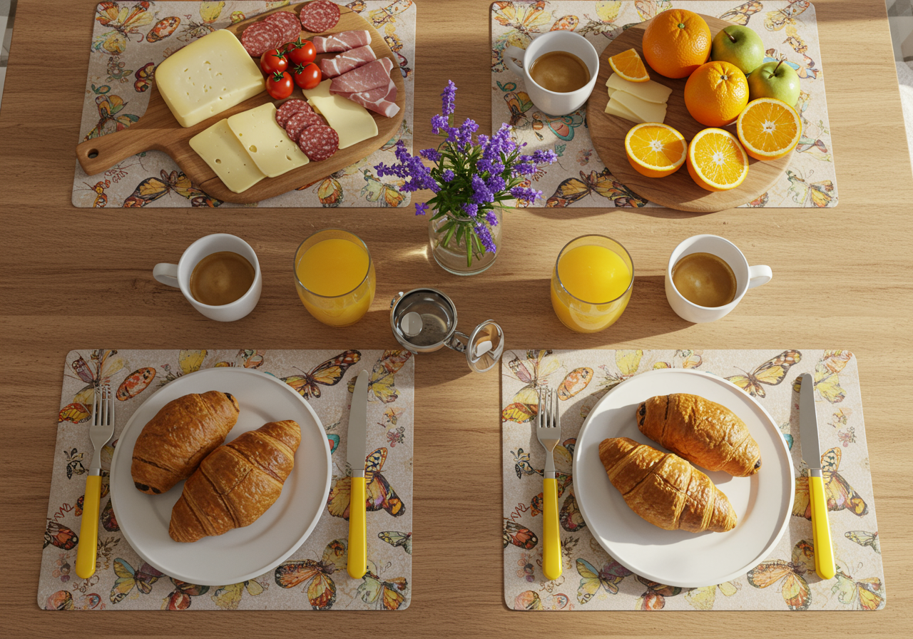 Spring breakfast spread with croissants, coffee, citrus, cheese, and flowers on butterfly-print placemats.