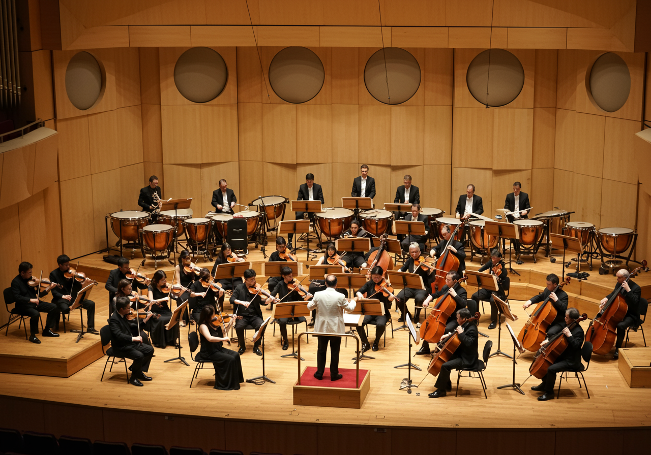 Orchestra performs on a wood-paneled concert-hall stage, with a conductor before seated musicians.