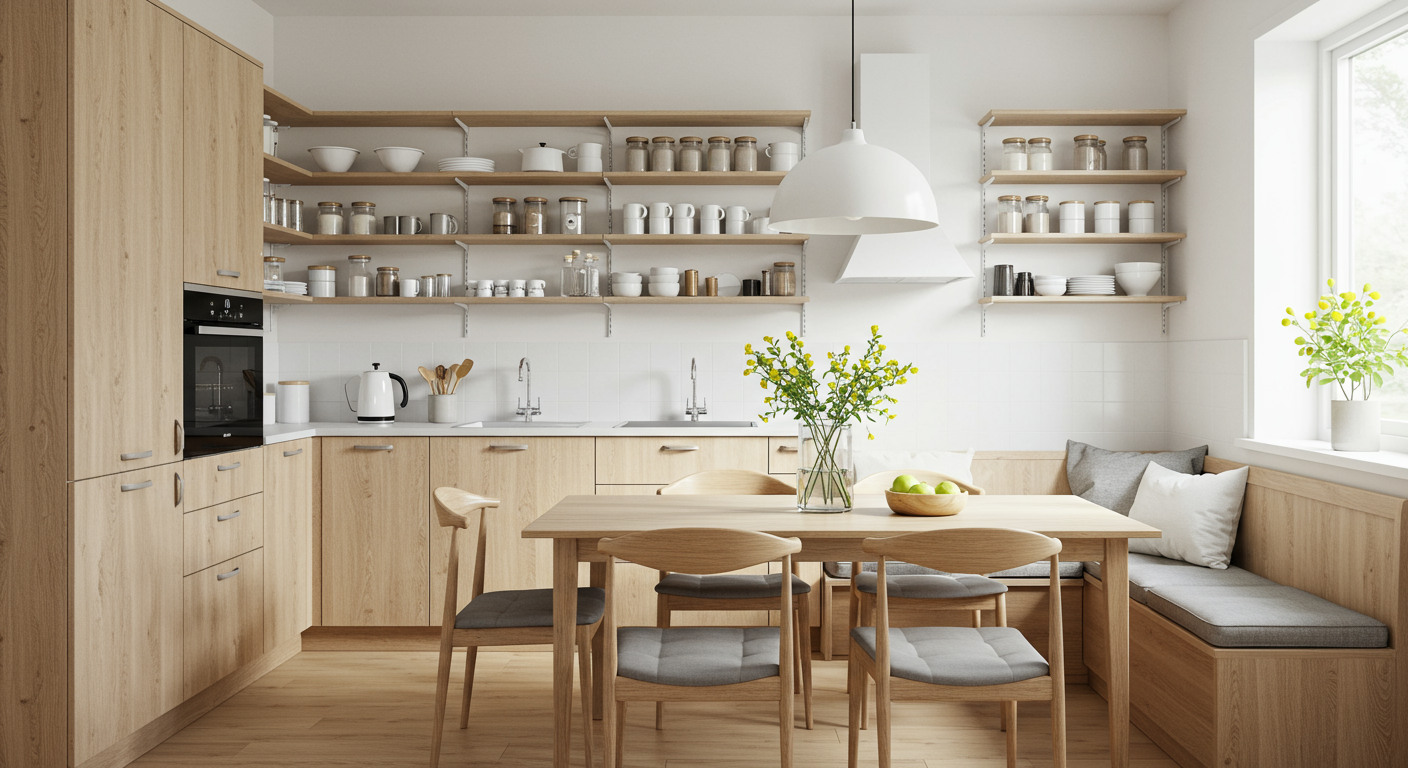 White and wooden kitchen with built in bench and oversized pendant