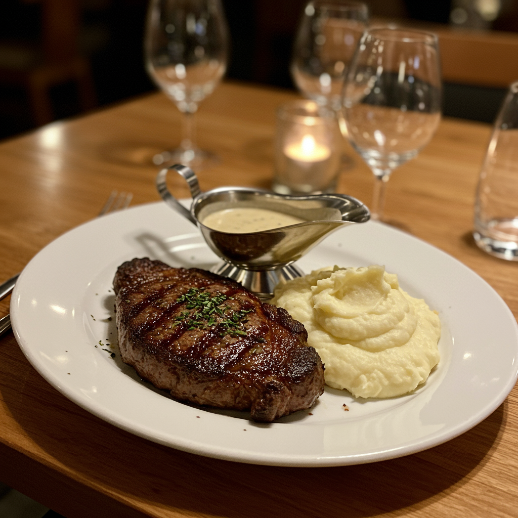 Grilled steak with mashed potatoes and cream sauce at a candlelit restaurant.