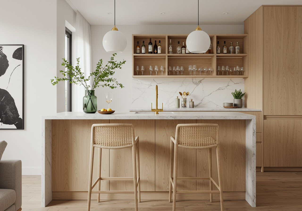 A breakfast nook with a small kitchenette and wooden bar counter