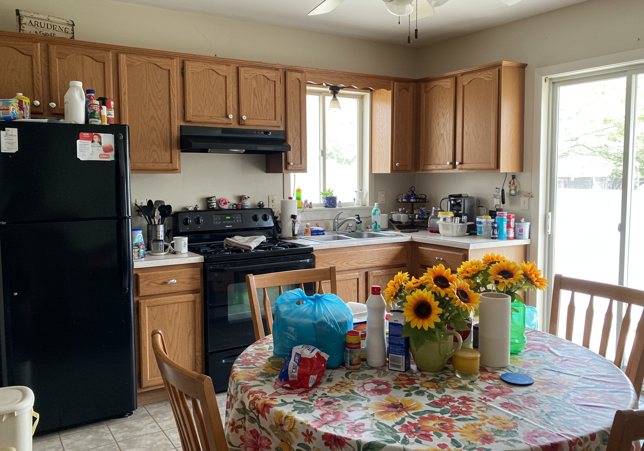 Kitchen with oak cabinets and black appliances, opening to a sunlit sliding glass door.