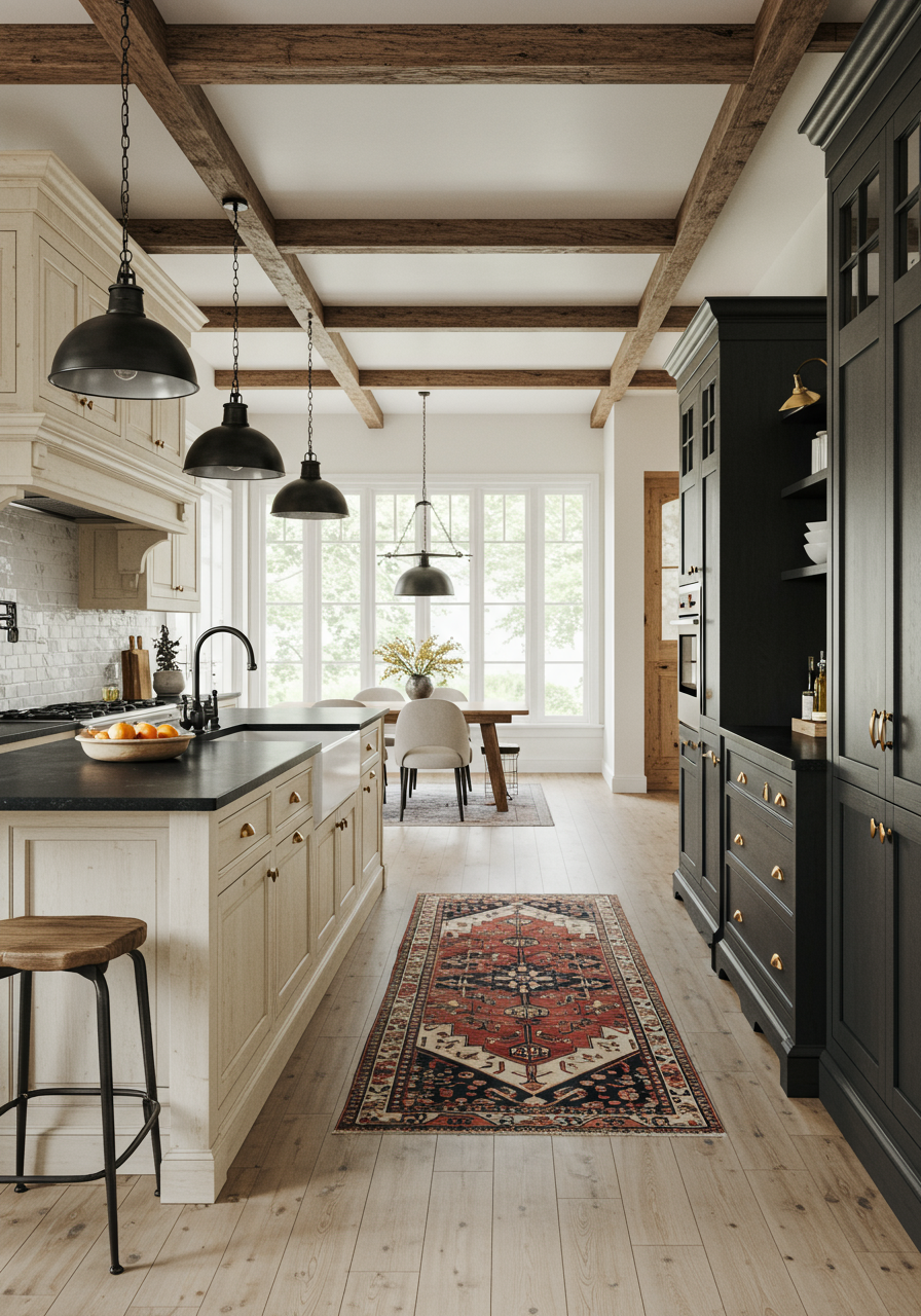 Farmhouse kitchen with mixed metal hardware.