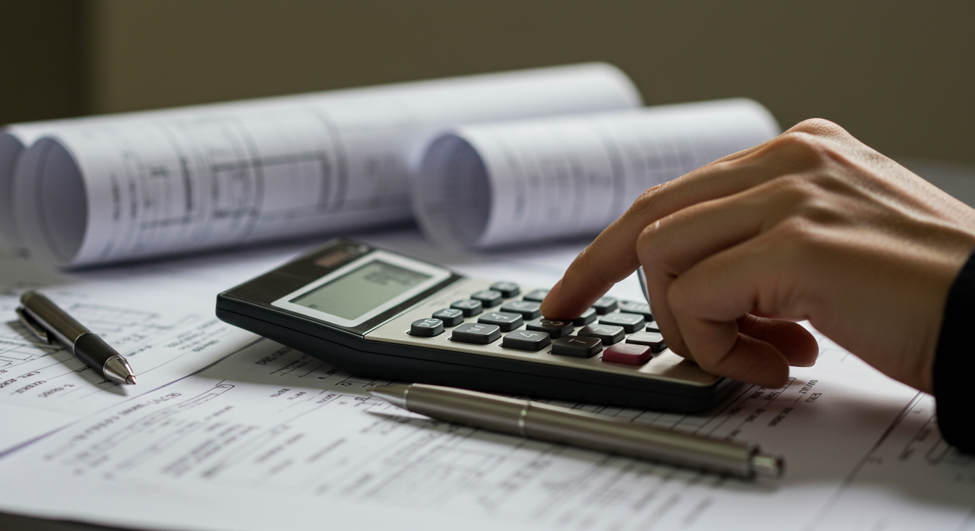 Hand using a calculator on building plans beside rolled blueprints and pens.