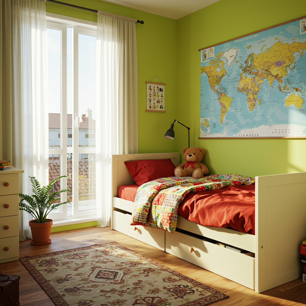 Child's bedroom with a cream bed, colorful quilt, large world map, and sunlit glass doors.