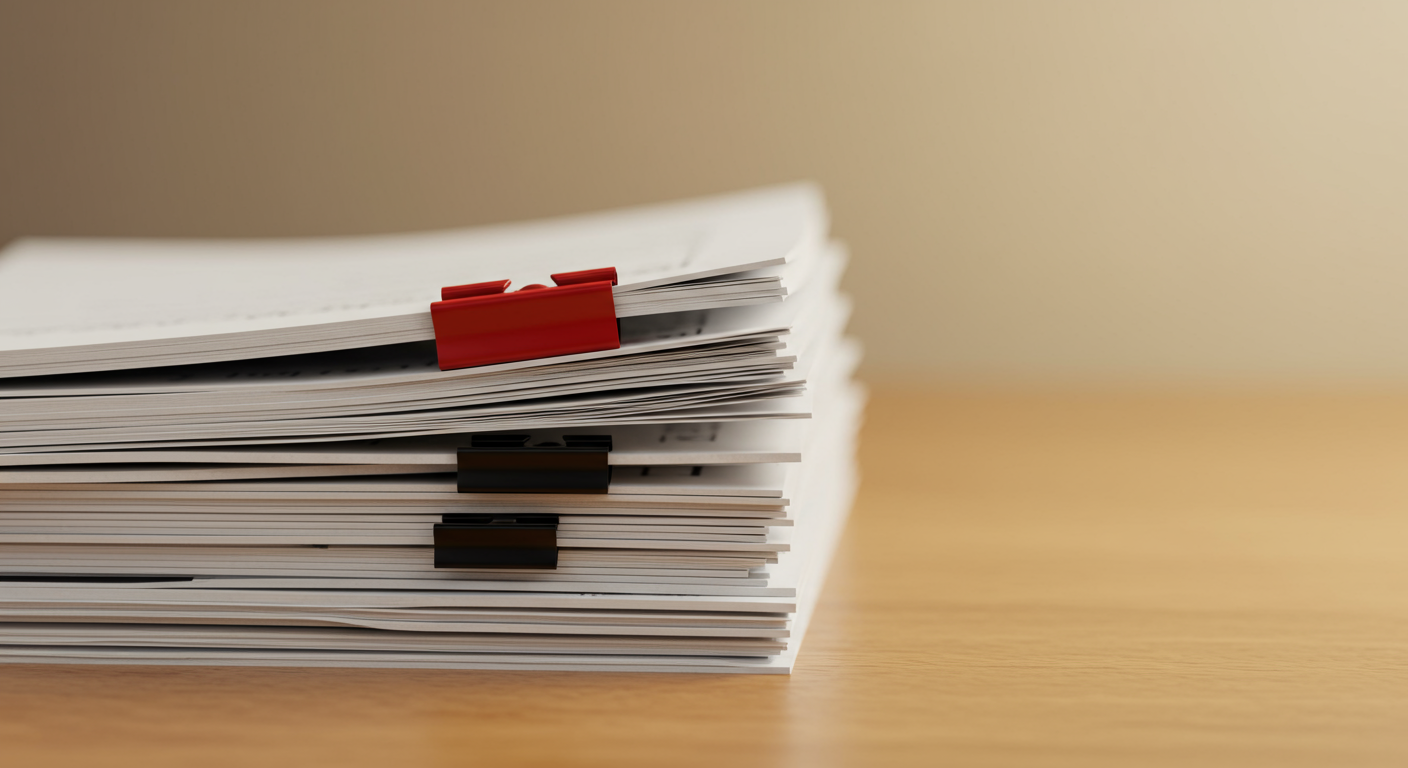 Stack of documents secured with red and black binder clips on a wooden surface.