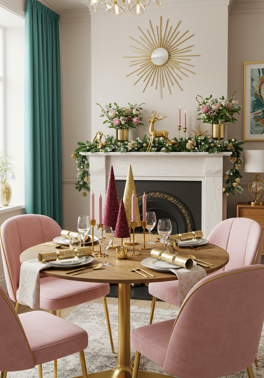 a dining room table with a fireplace