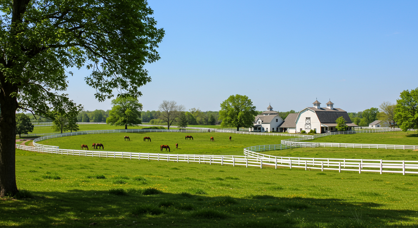 Bridgehampton countryside with a wide angle view of horses in a pasture and stables in the distance