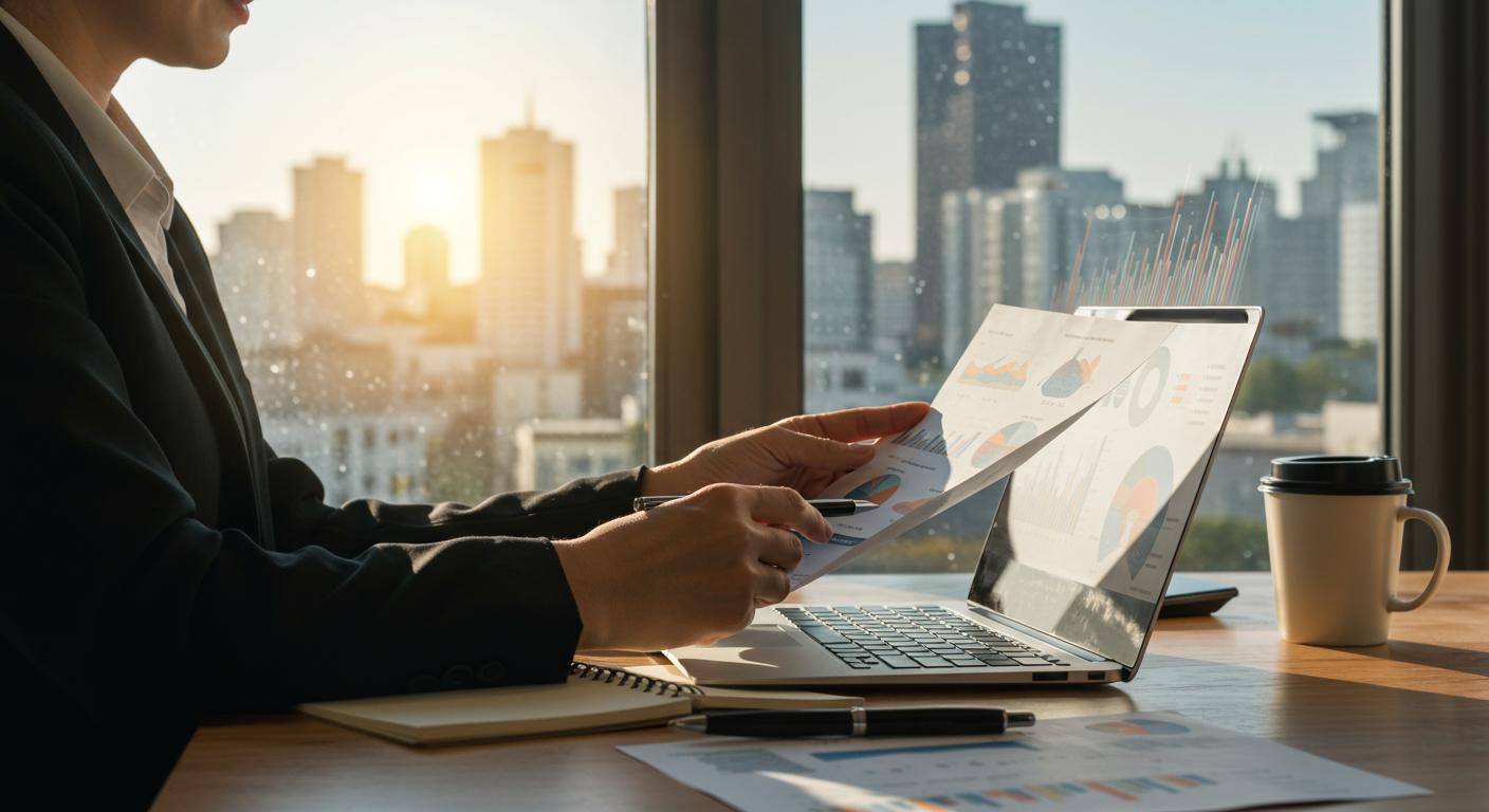 Person reviewing charts beside a laptop and coffee at a sunlit office window.