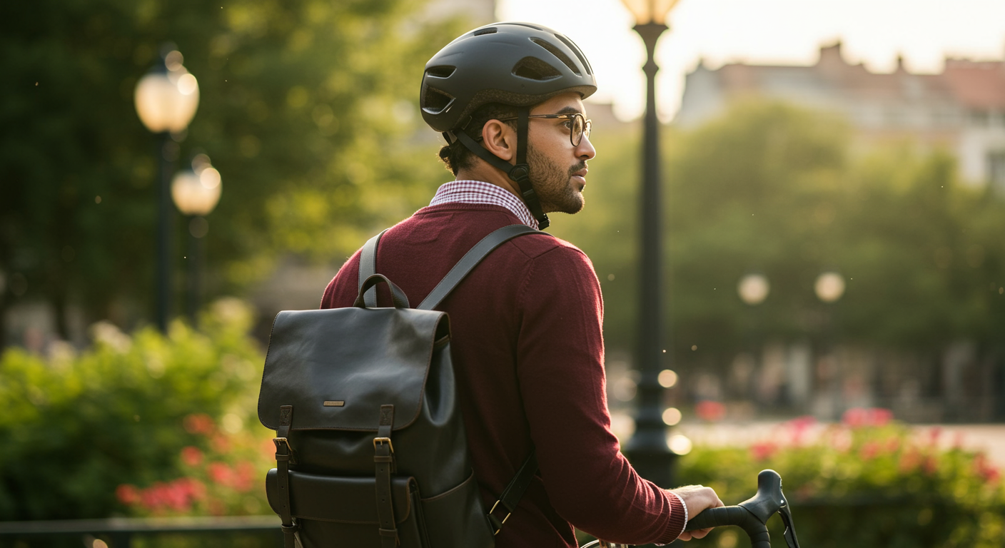 Portrait of a male commuter wearing bike helmet in a town. Safe cycling in city, bicycle co