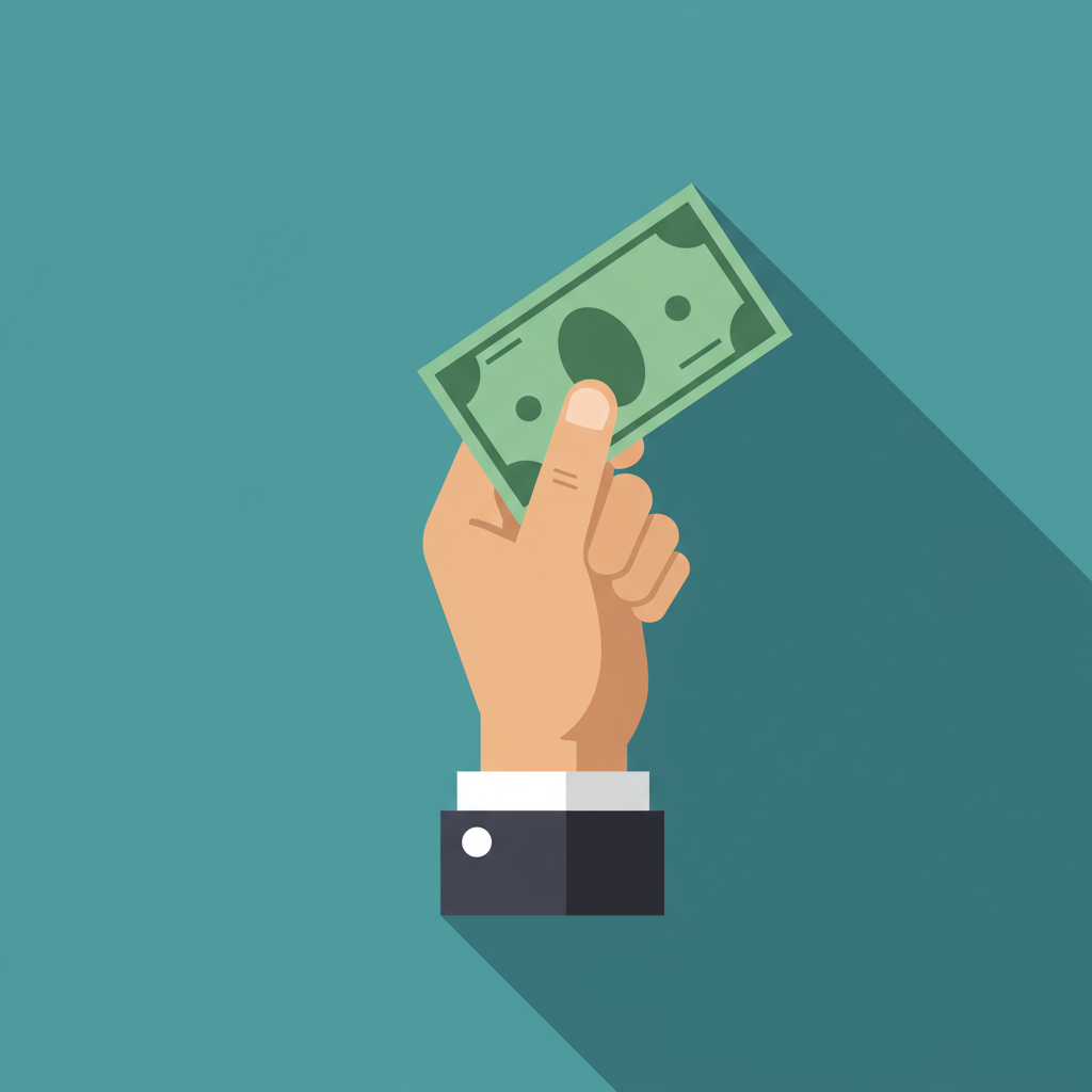 Illustrated hand holding a banknote, representing money for a home purchase.