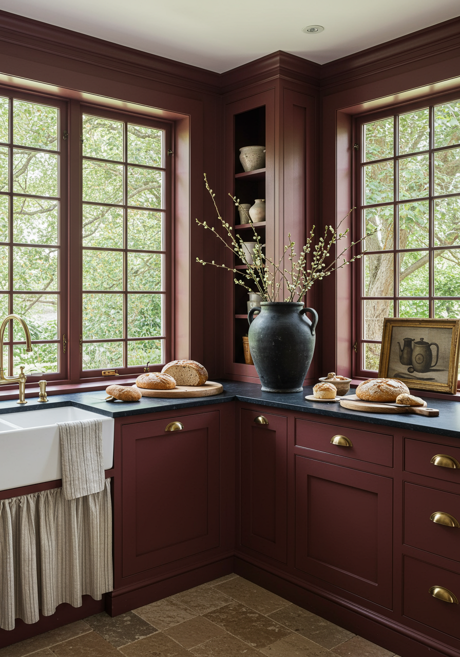red kitchen with large window