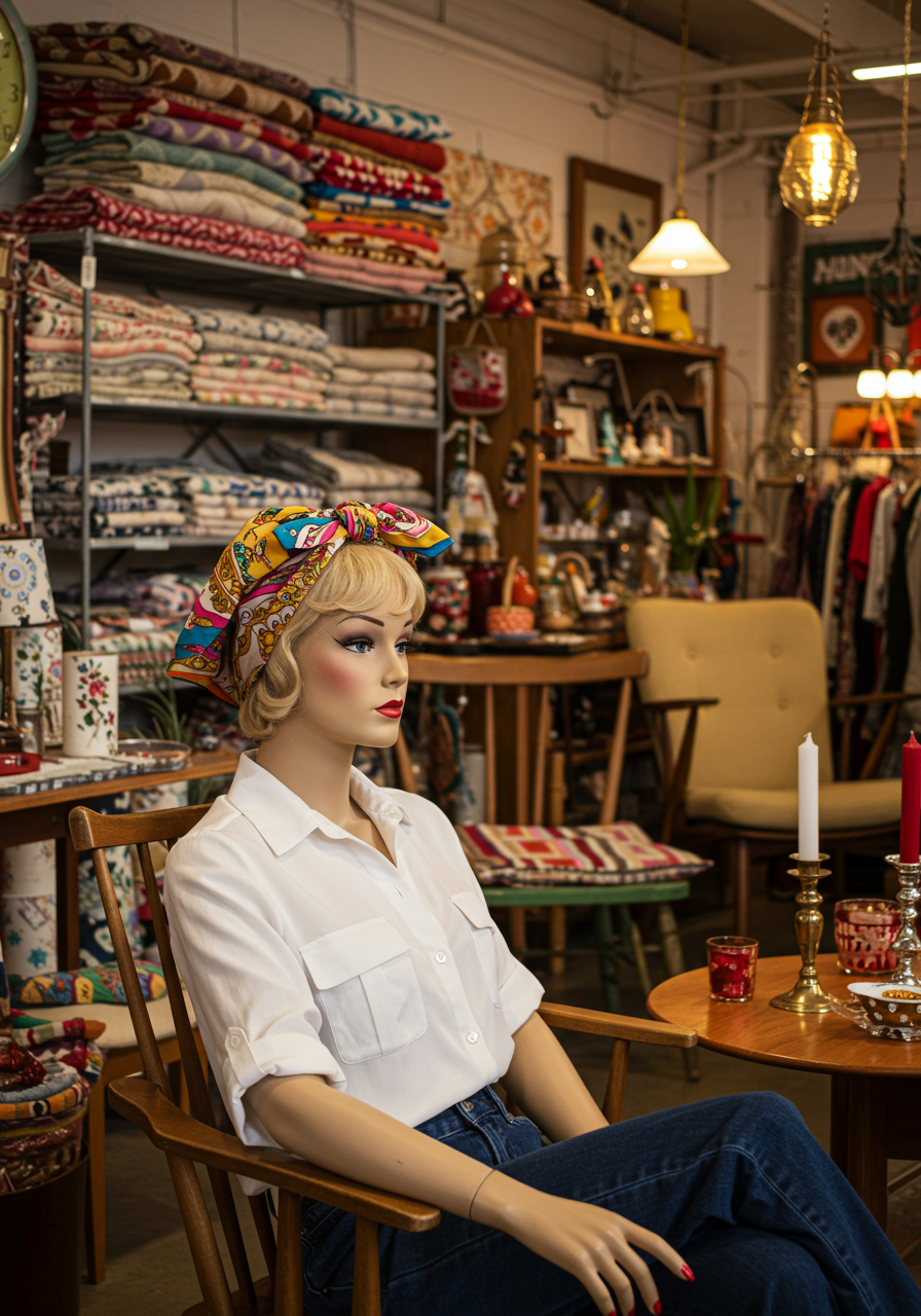 Vintage shop interior with shelves of patterned fabrics and a seated mannequin in a colorful headscarf.