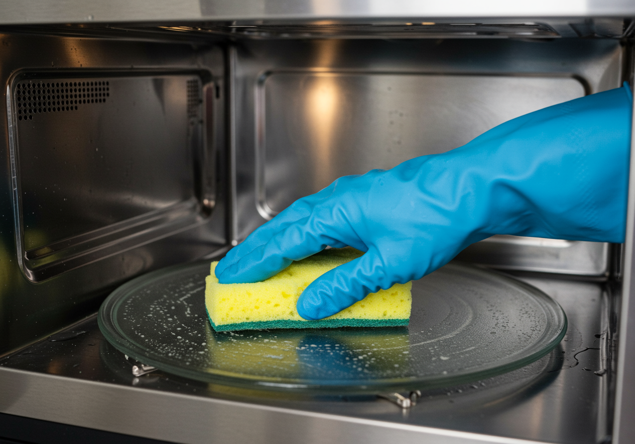 Woman hand cleaning microwave oven with sponge