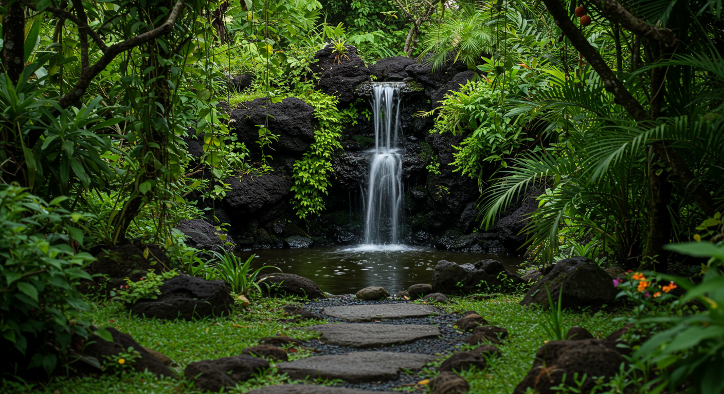 private waterfall at kona oceanfront estate