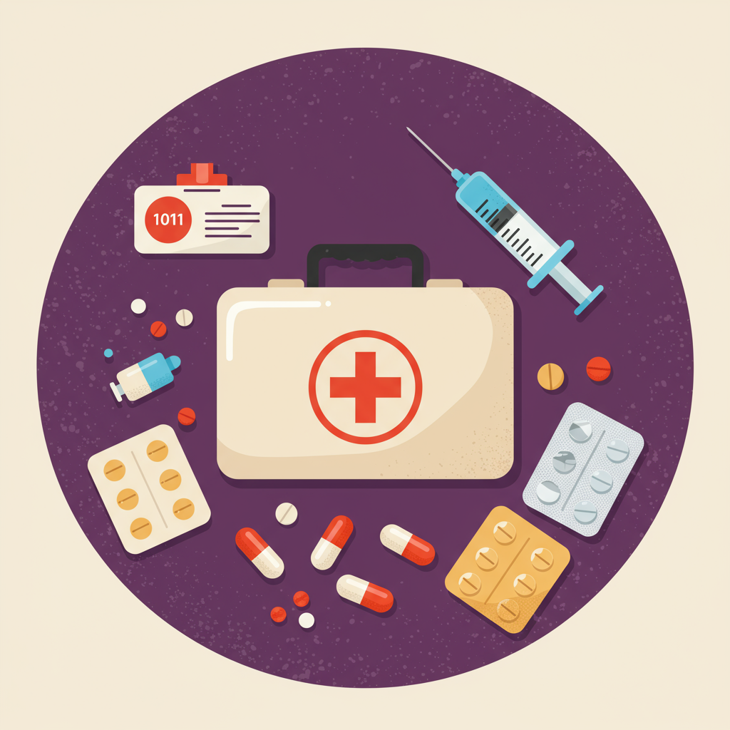 First-aid case surrounded by a syringe, pills, blister packs, and a medicine bottle.