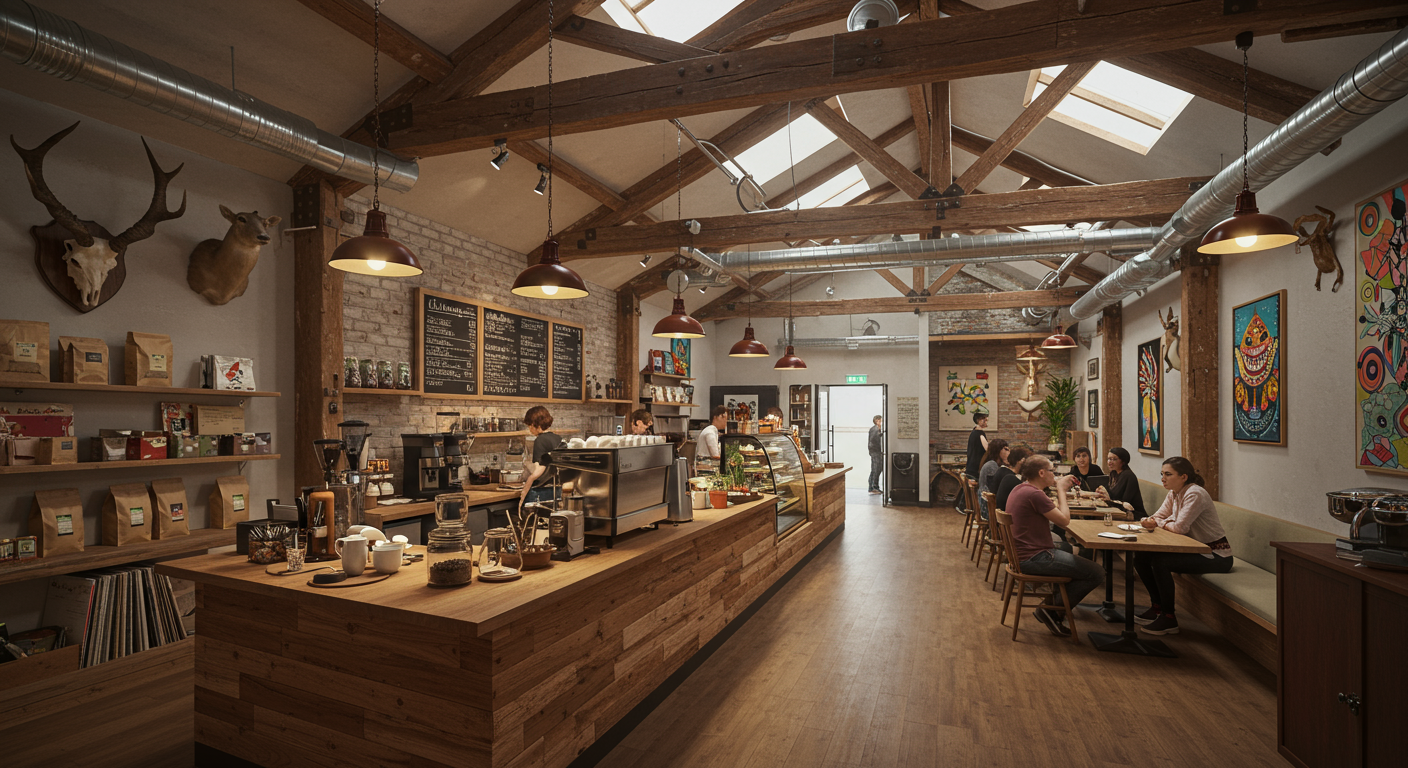 The inside of Four Barrel Coffee with wooden beams