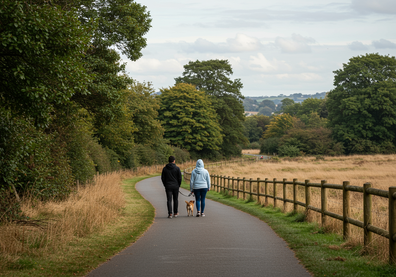 two women walking a dog