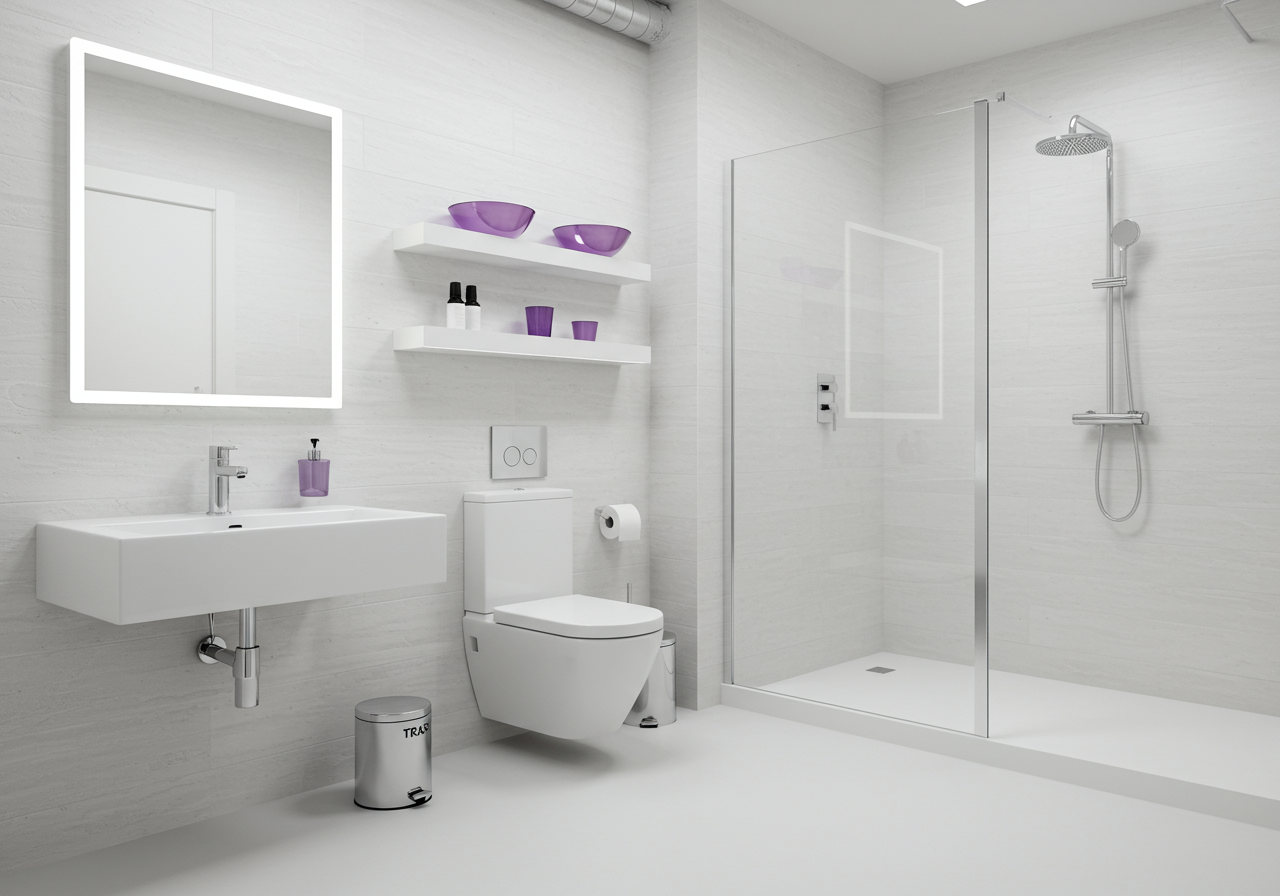 Modern white condo bathroom with a floating sink, wall-hung toilet, and glass-enclosed shower.