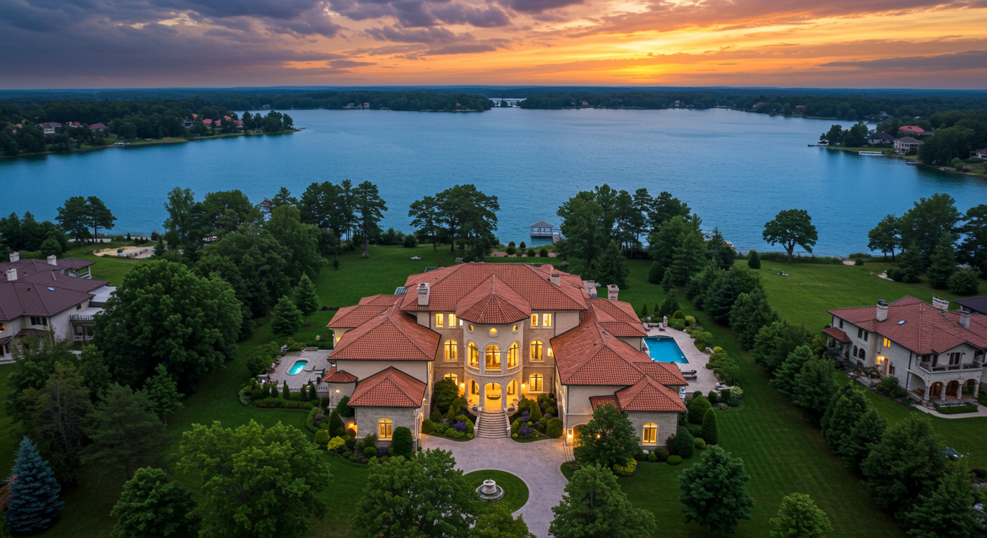 Aerial photo at sunset of Butler chain of lakes Windermere, Florida