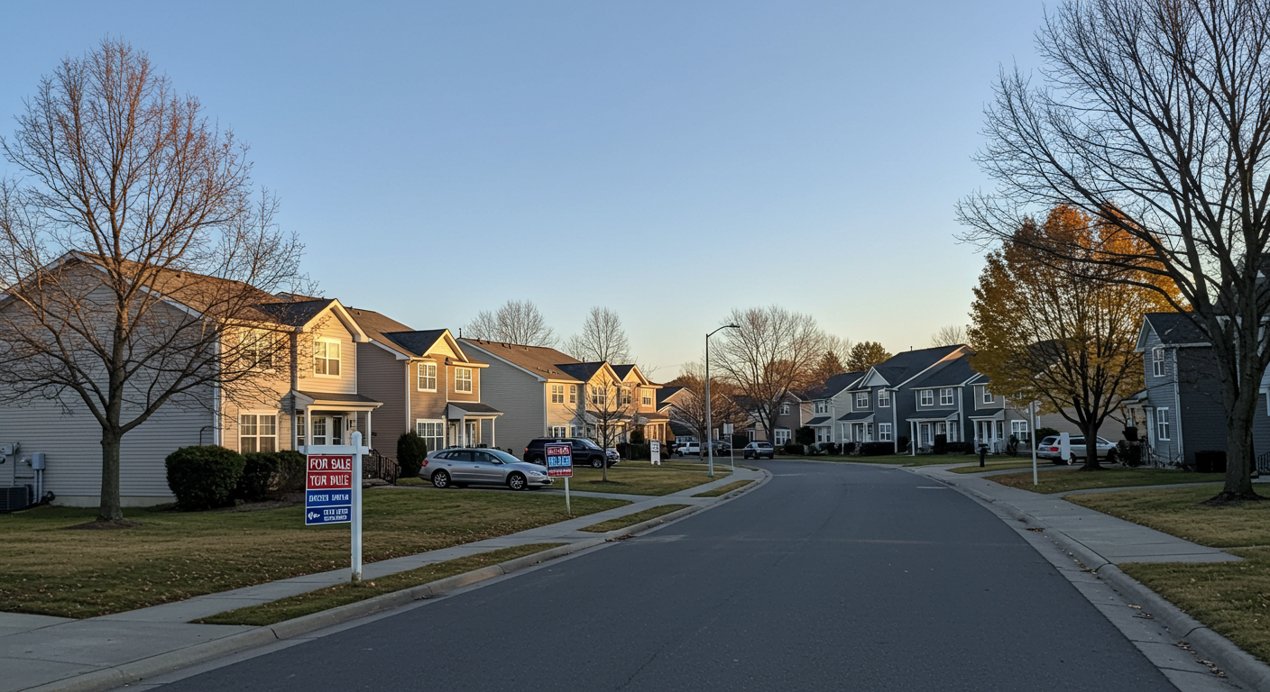 Residential street lined with two-story homes and several for-sale signs in front yards.
