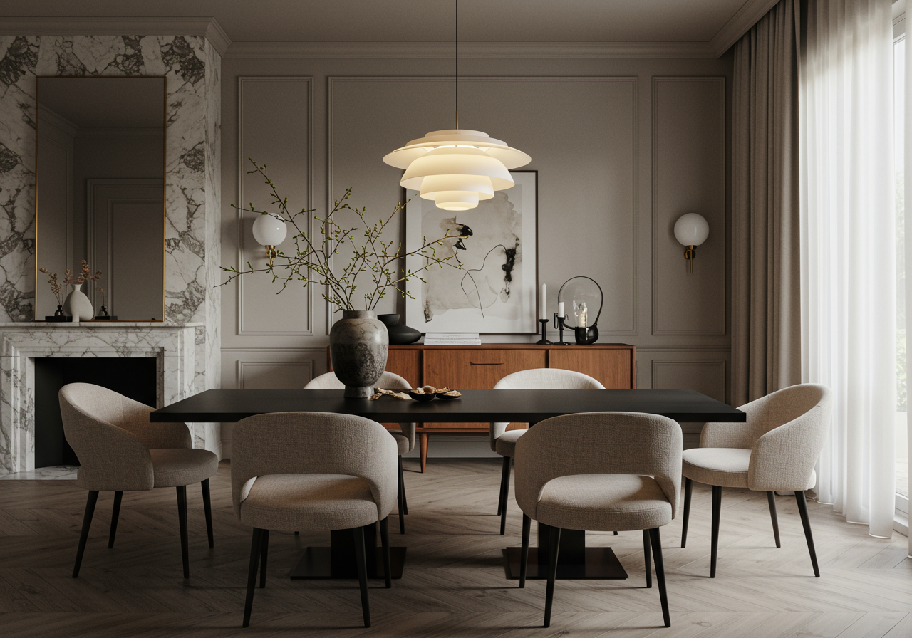 Image may contain Architecture Building Dining Room Dining Table Furniture Indoors Room Table and Home Decor