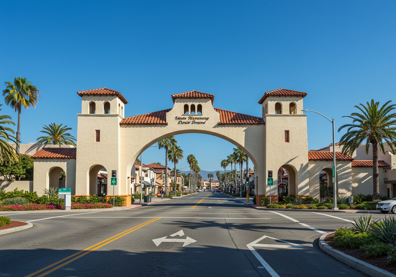 An arch with Spanish-style inspired architecture reads "Dana Point Lantern District" over a black asphalt road. Beyond the arch are palm trees dotted to the side of the street with stores and restaurants lining the road. 