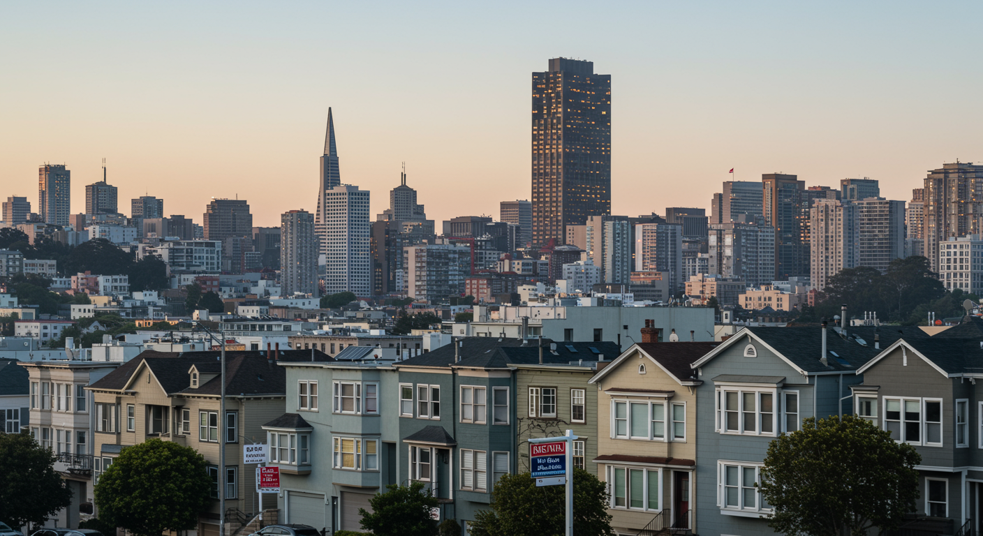 San Francisco skyline at golden hour above a row of residential buildings.