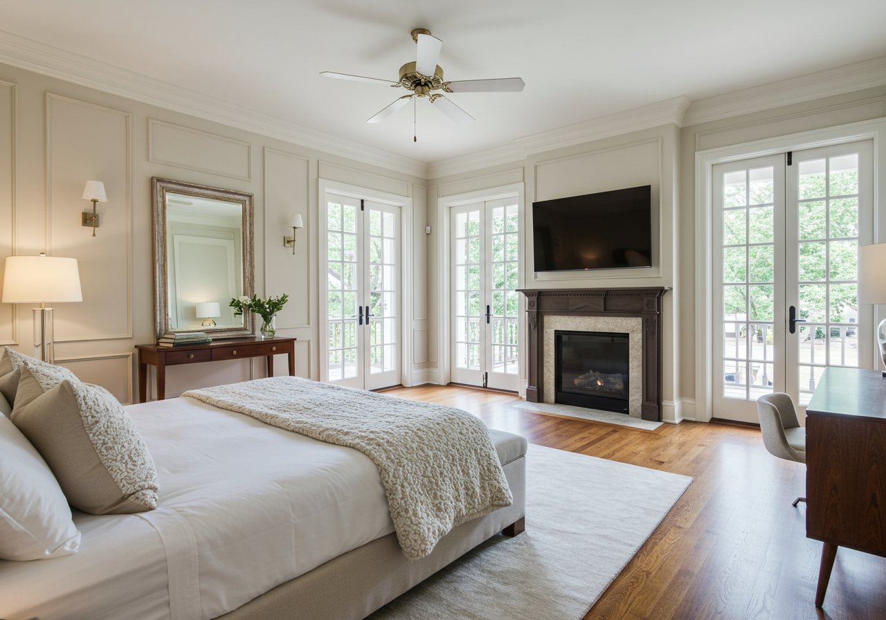 Bedroom with a fireplace, wall-mounted television, and French doors beside a large upholstered bed.