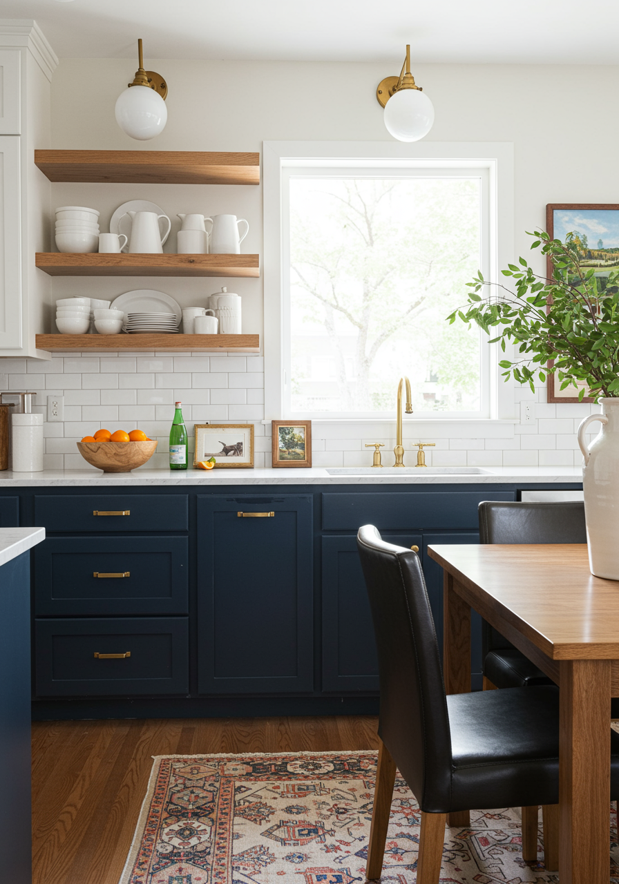 Blue and white kitchen with unique gold handles.