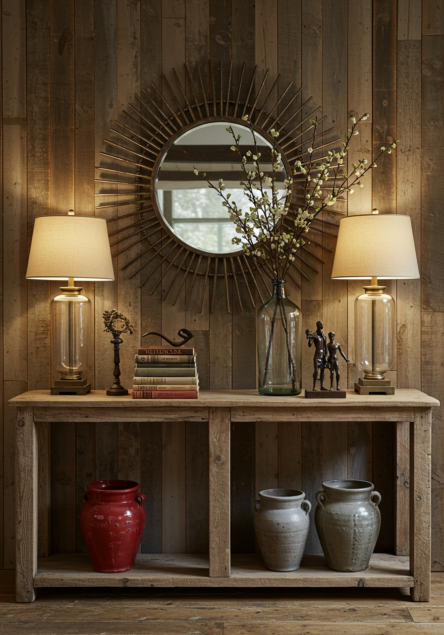 Raw wood-edge side table with woven baskets and round mirror with large brass frame.