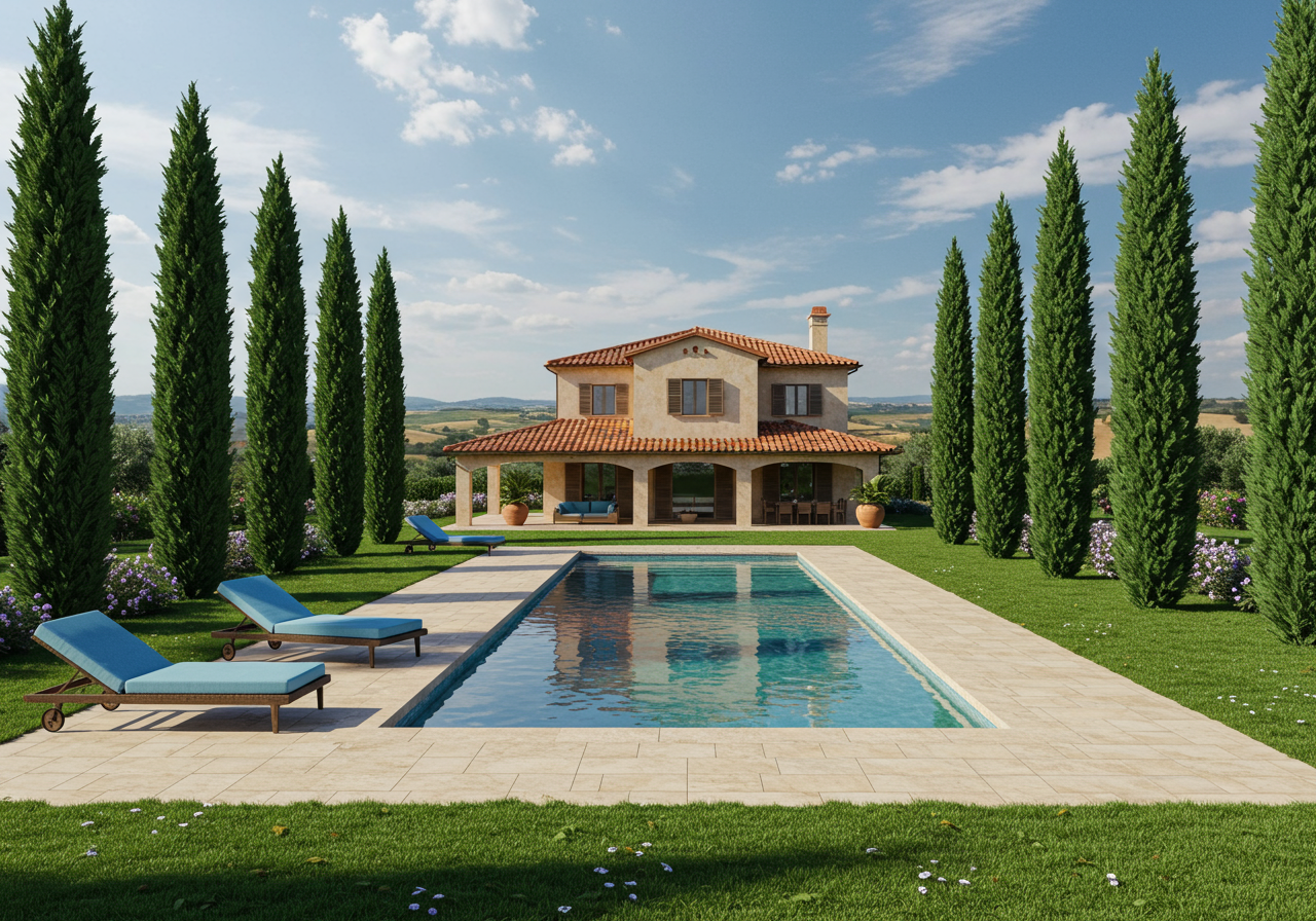 Backyard of San Juan Capistrano estate with beautiful pool and outdoor entertaining spaces.