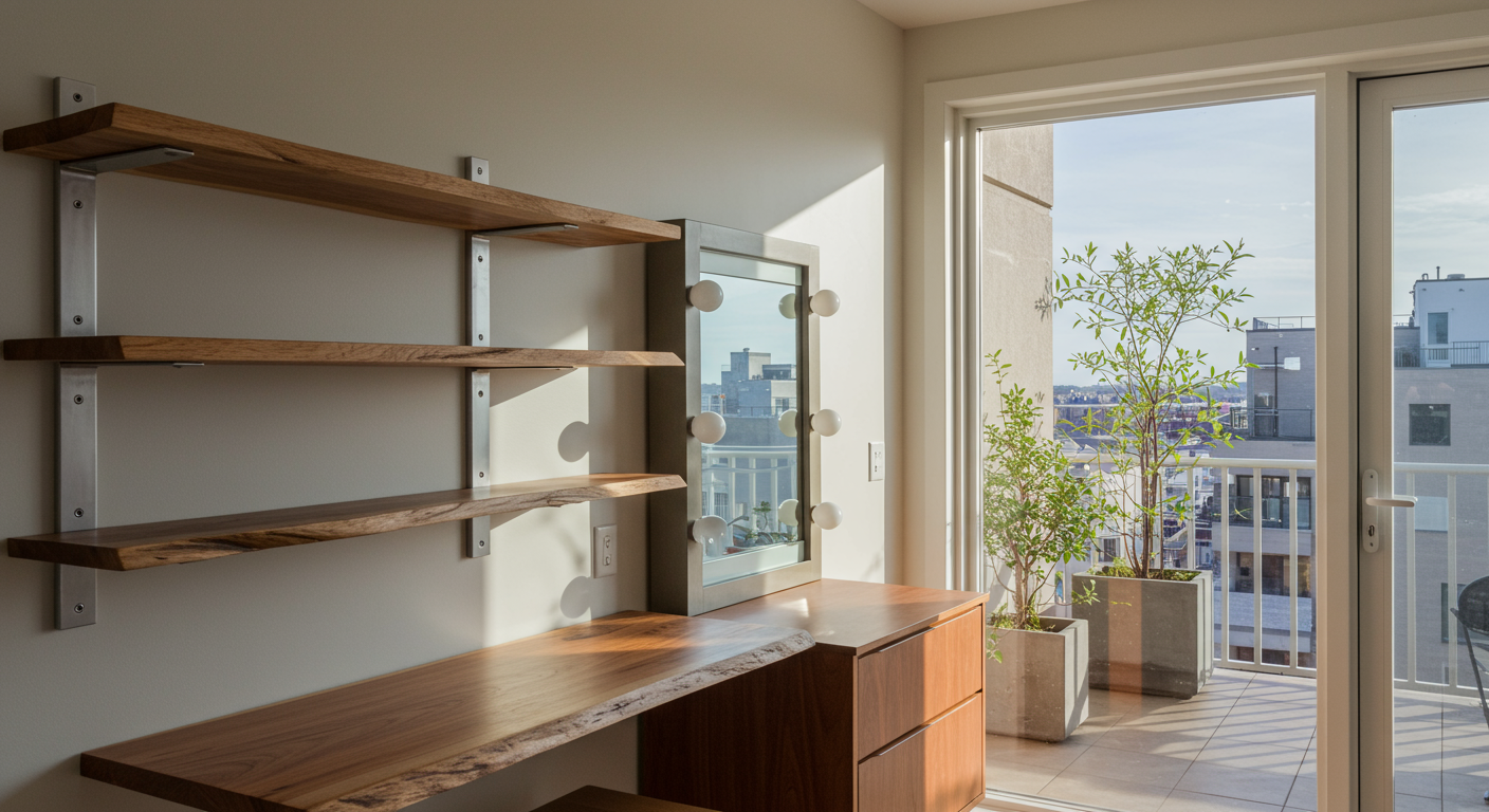 Vanity Design and construction + inset, live edge shelving from Bryan Feld | Collaborator with Los Angeles Real Estate Agents and Developers, Craig & David Homes