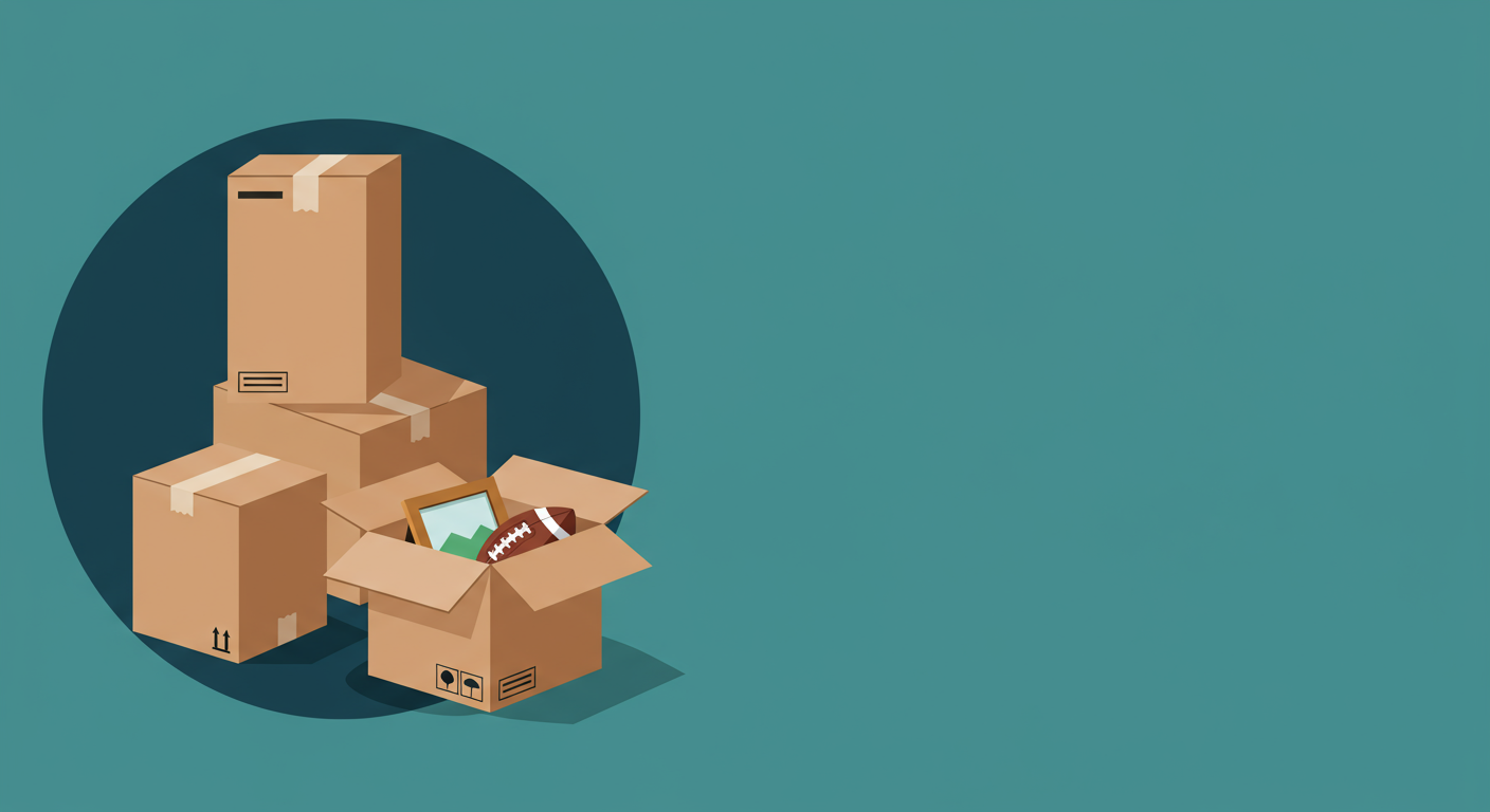 Stacked moving boxes, including an open box with a framed landscape picture and a football.