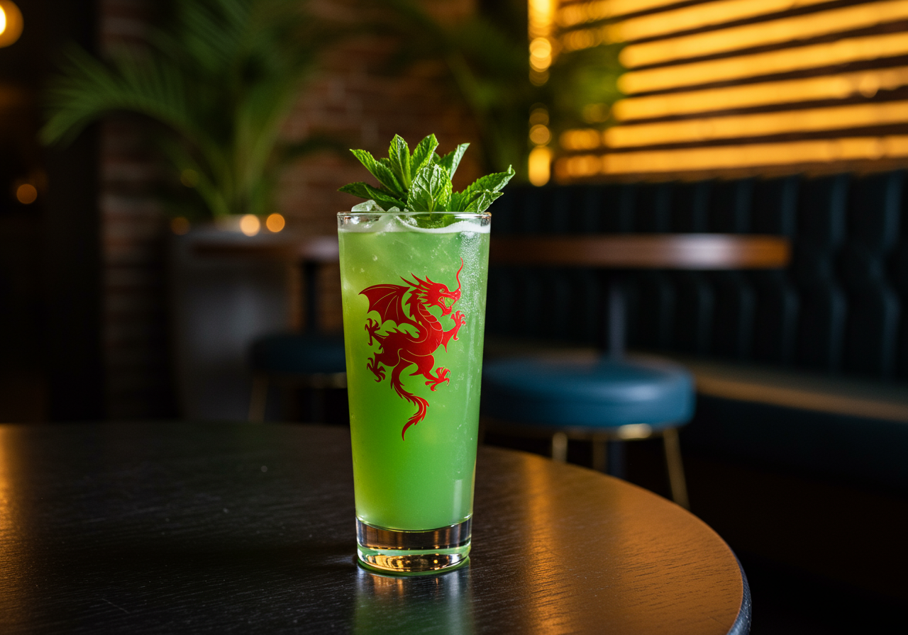 A green cocktail in a tall collins glass with a red dragon print. 