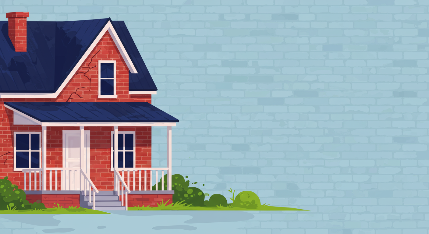 Illustrated red brick house with a dark blue roof, front porch, and cracks in the walls.