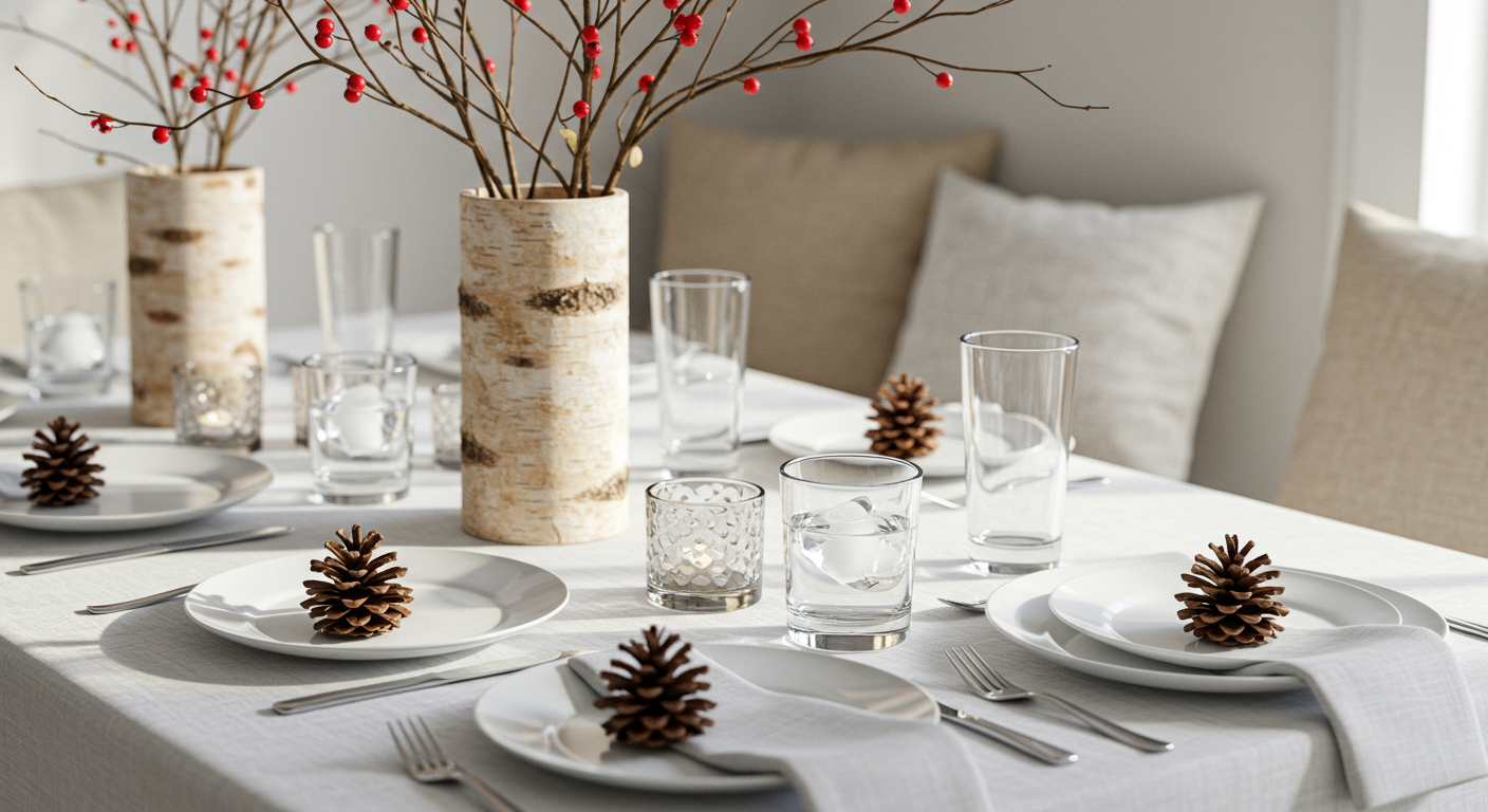 christmas table setting with neutral table cloth, branches and pinecones