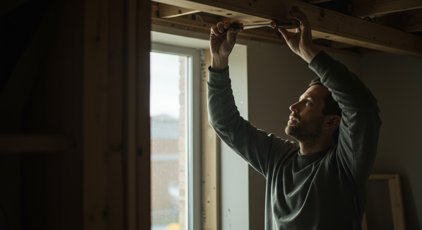 A man measures exposed ceiling framing inside a home under construction.