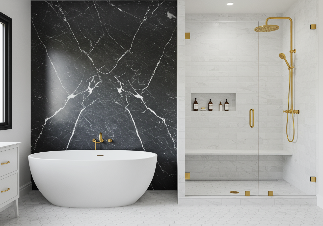 A tiled curbless shower and tub