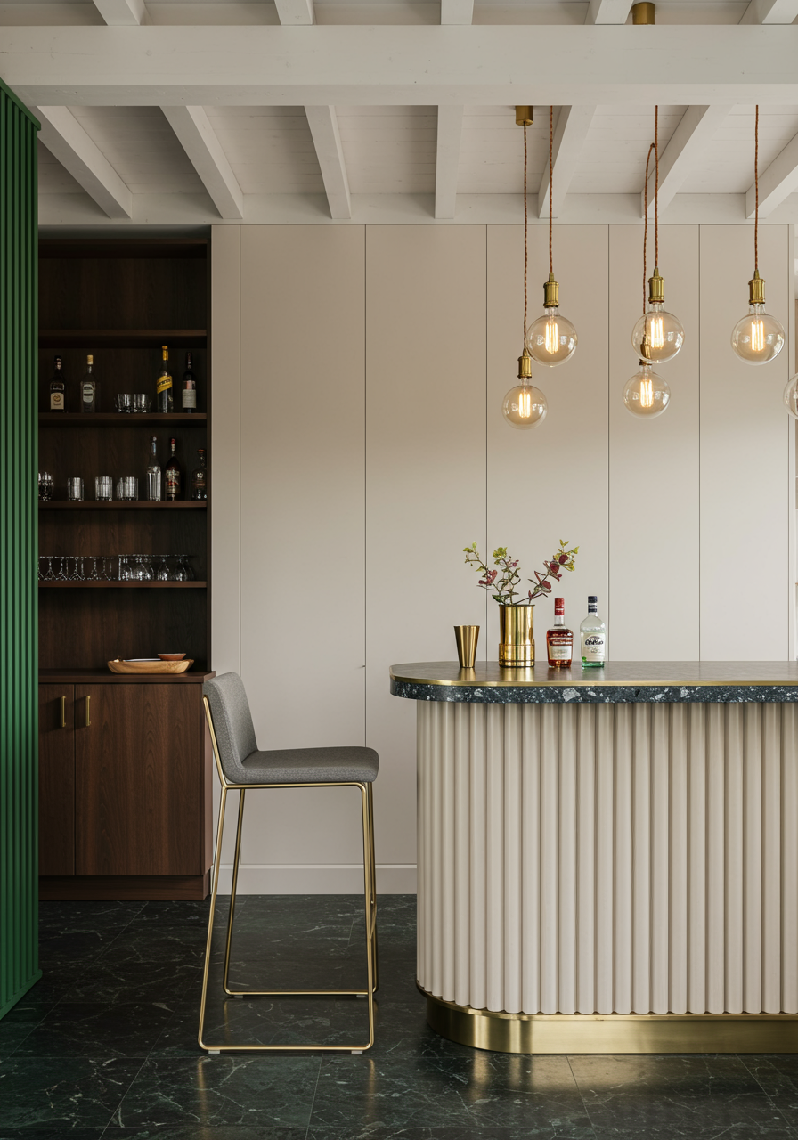 a terrazzo bar top with green glass chips in a Mumbai apartment