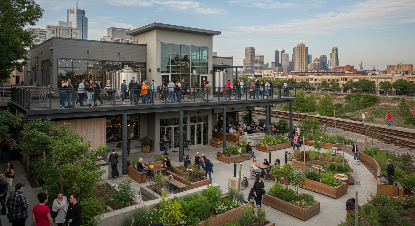 View of Sycamore Brewing's new location with the Charlotte skyline in the background.