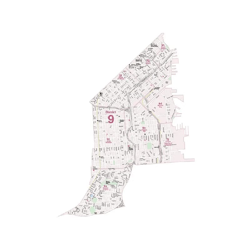 An informative map of District Nine in San Francisco, California. The map presents the boundaries and major streets. The map highlights the popular and trendy neighborhoods of the Mission District and Potrero Hill, Bernal Heights and Precita Park