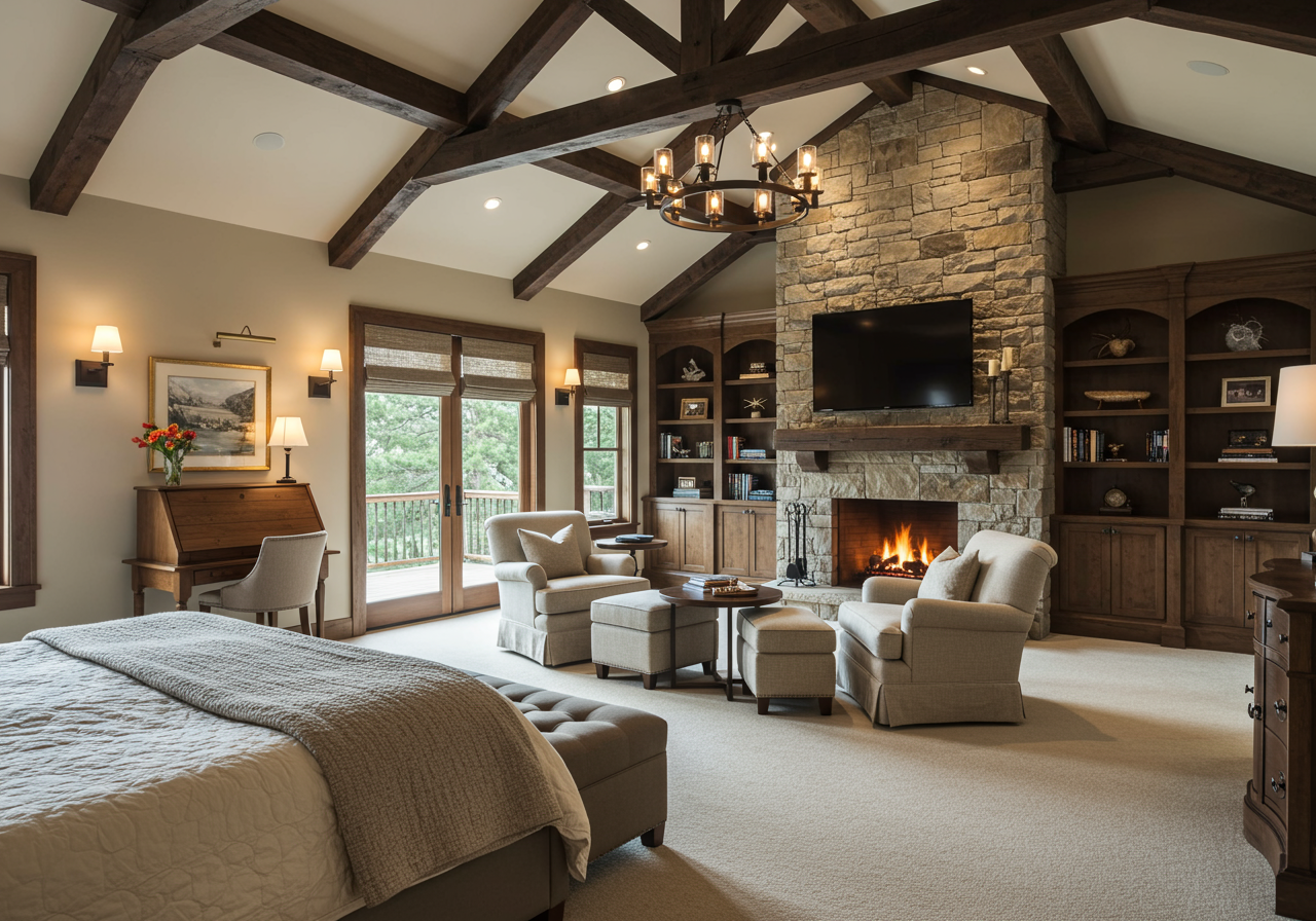 The interior of a villa with wood beams.
