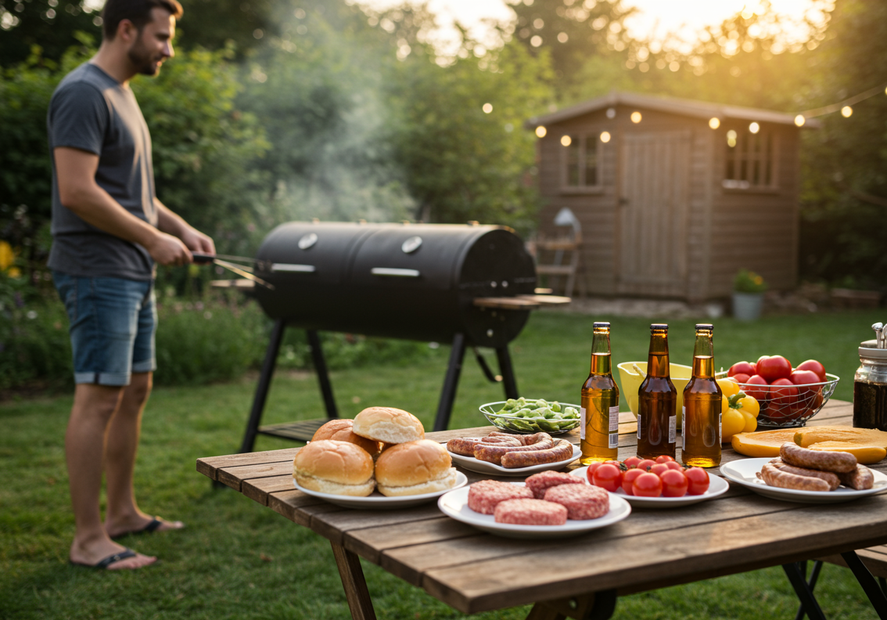 Man grilling outdoors, getting the barbecue station ready for spring gatherings and enjoying the warmer weather.