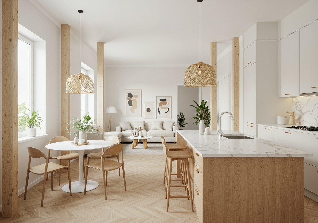 Kitchen with leather pulls instead of hardware.